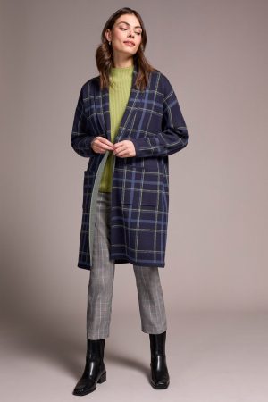 Double Knit Long Plaid Coatigan-Sapphire