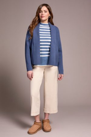 Double Knit Shawl Collar Coatigan-Slateblue