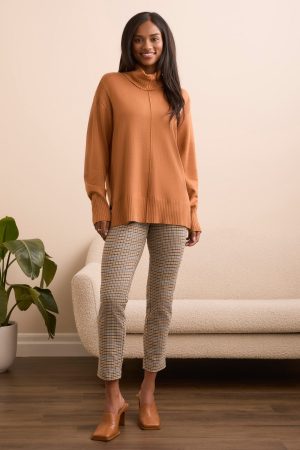 Drop Shoulder Turtle Neck Sweater-Bran