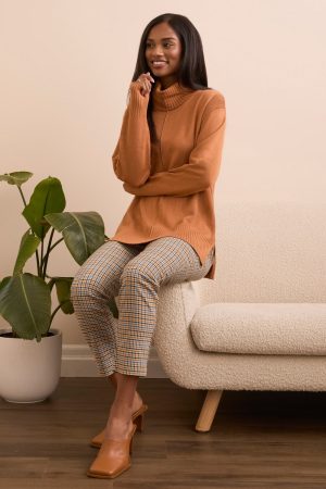 Drop Shoulder Turtle Neck Sweater-Bran