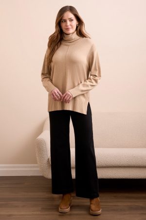 Drop Shoulder Turtle Neck Sweater-H latte