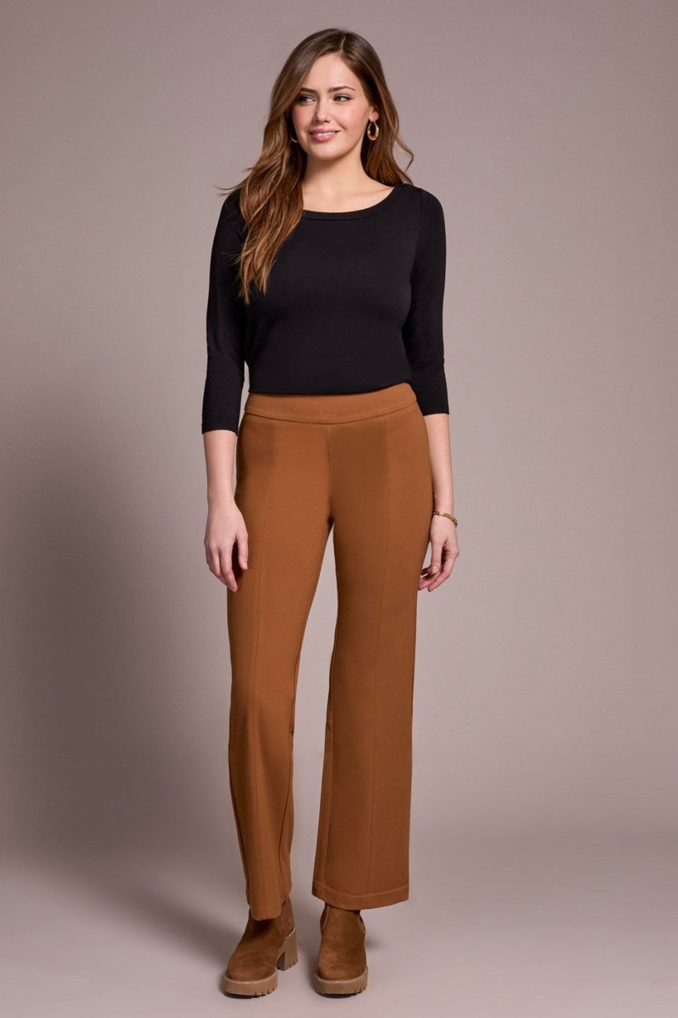 Signature Every Body Ponte Pull-On Pin Tuck Pants-Walnut