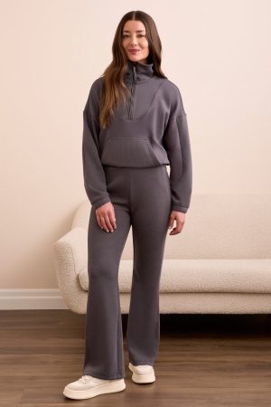 Techno Lux Rib Pull-On Flare Leg Pants-Charcoal