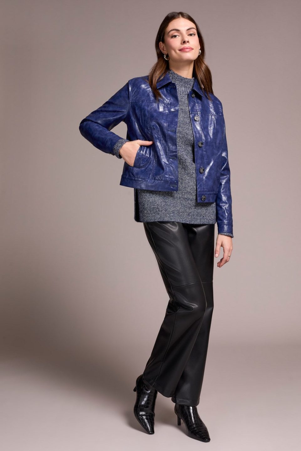 Faux Leather Button-Front Collar-Accent Jacket-Dklapisblue