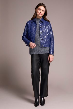 Faux Leather Button-Front Collar-Accent Jacket-Dklapisblue