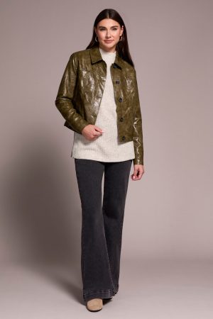 Faux Leather Button-Front Collar-Accent Jacket-Oliveleaf