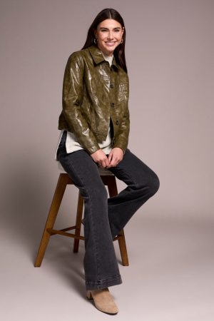 Faux Leather Button-Front Collar-Accent Jacket-Oliveleaf