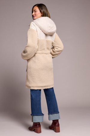 Faux Sherpa Zip-Front Hooded Coat With Drawcord-Sandstone