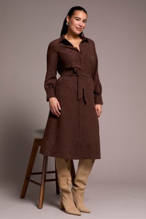 Faux Suede Belted Long-Sleeve Maxi Dress-Cocoa