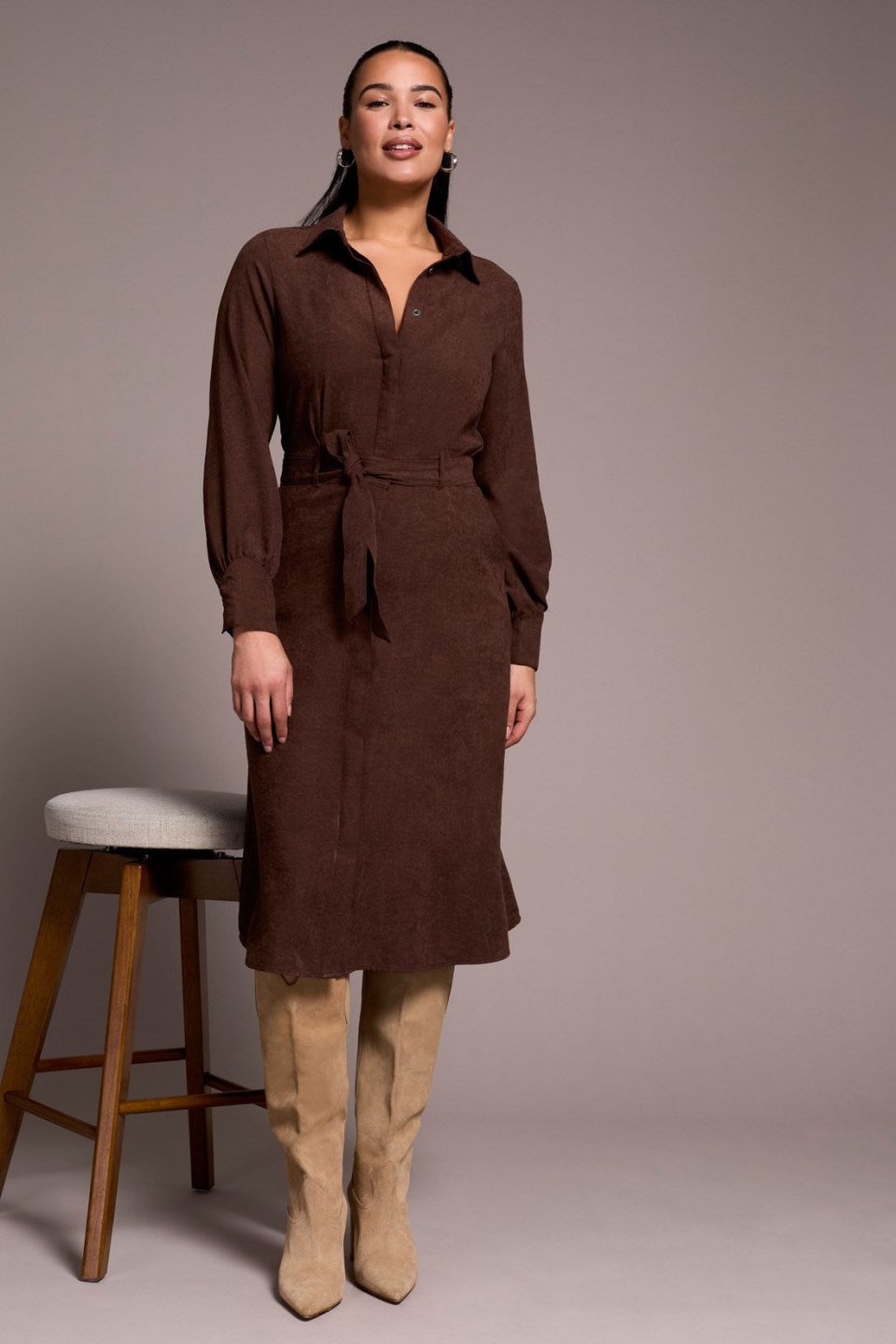 Faux Suede Belted Long-Sleeve Maxi Dress-Cocoa