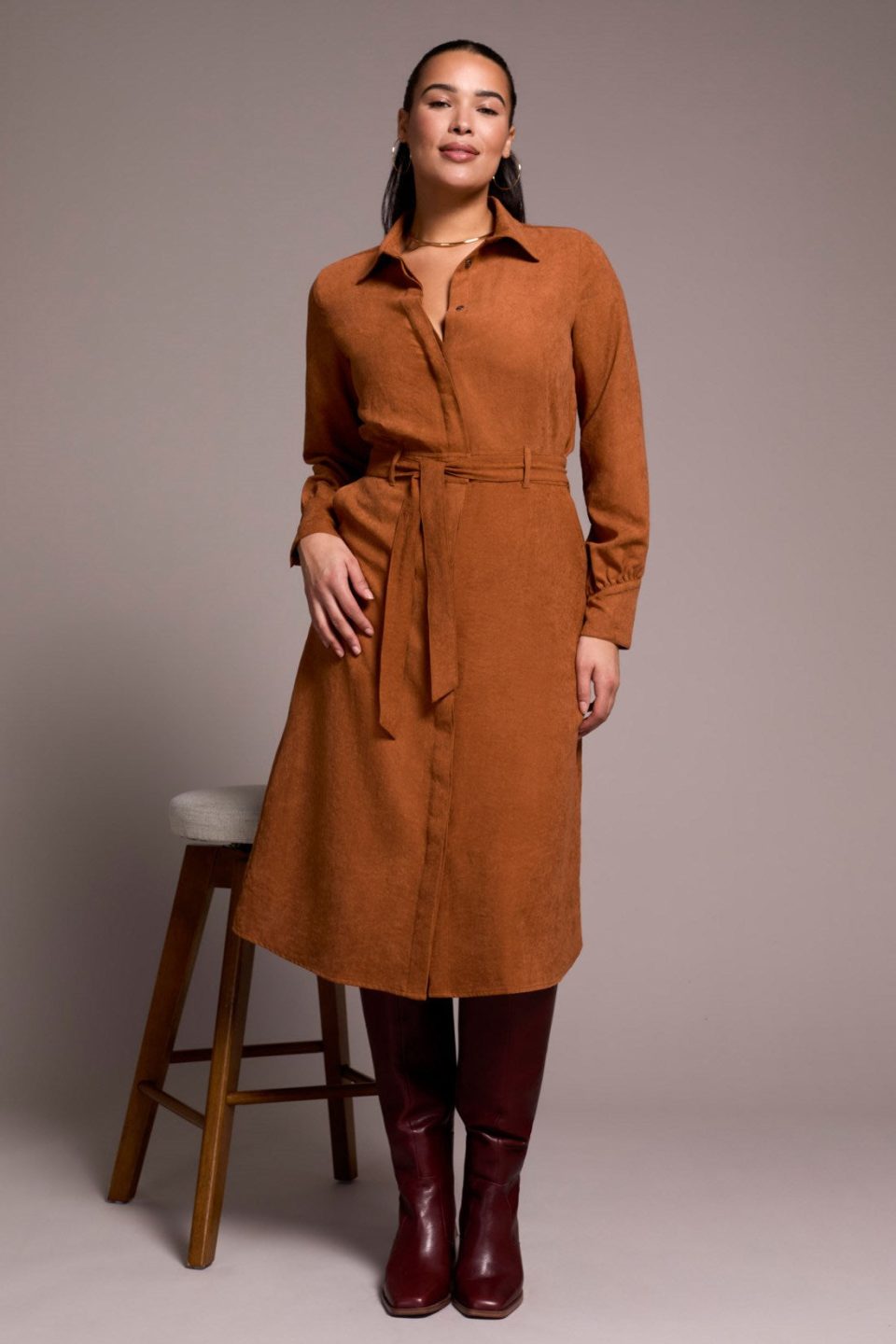 Faux Suede Belted Long-Sleeve Maxi Dress-Gingerspice