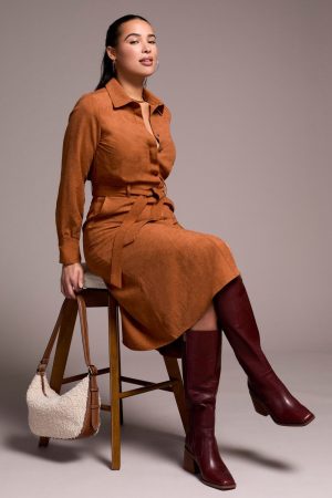 Faux Suede Belted Long-Sleeve Maxi Dress-Gingerspice