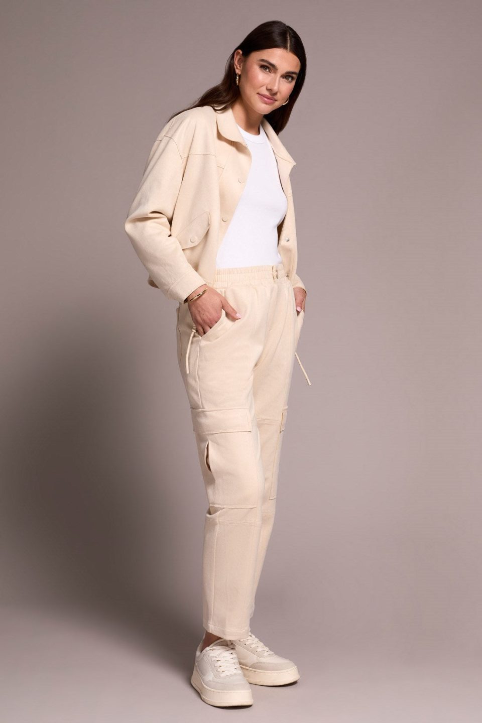 Faux Suede Cargo Elastic Waist Pants-Cream