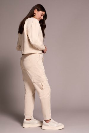 Faux Suede Cargo Elastic Waist Pants-Cream