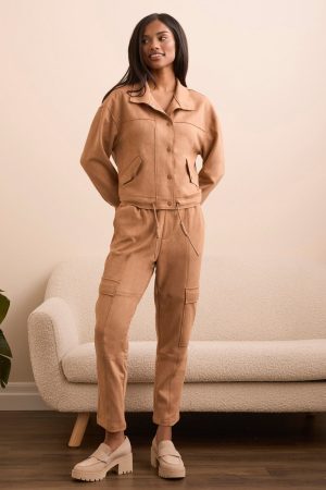 Faux Suede High-Collar Drop-Shoulder Jacket-Almondlatte