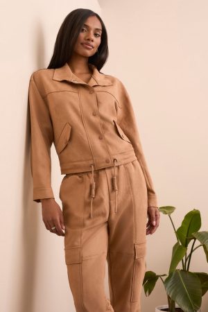 Faux Suede High-Collar Drop-Shoulder Jacket-Almondlatte