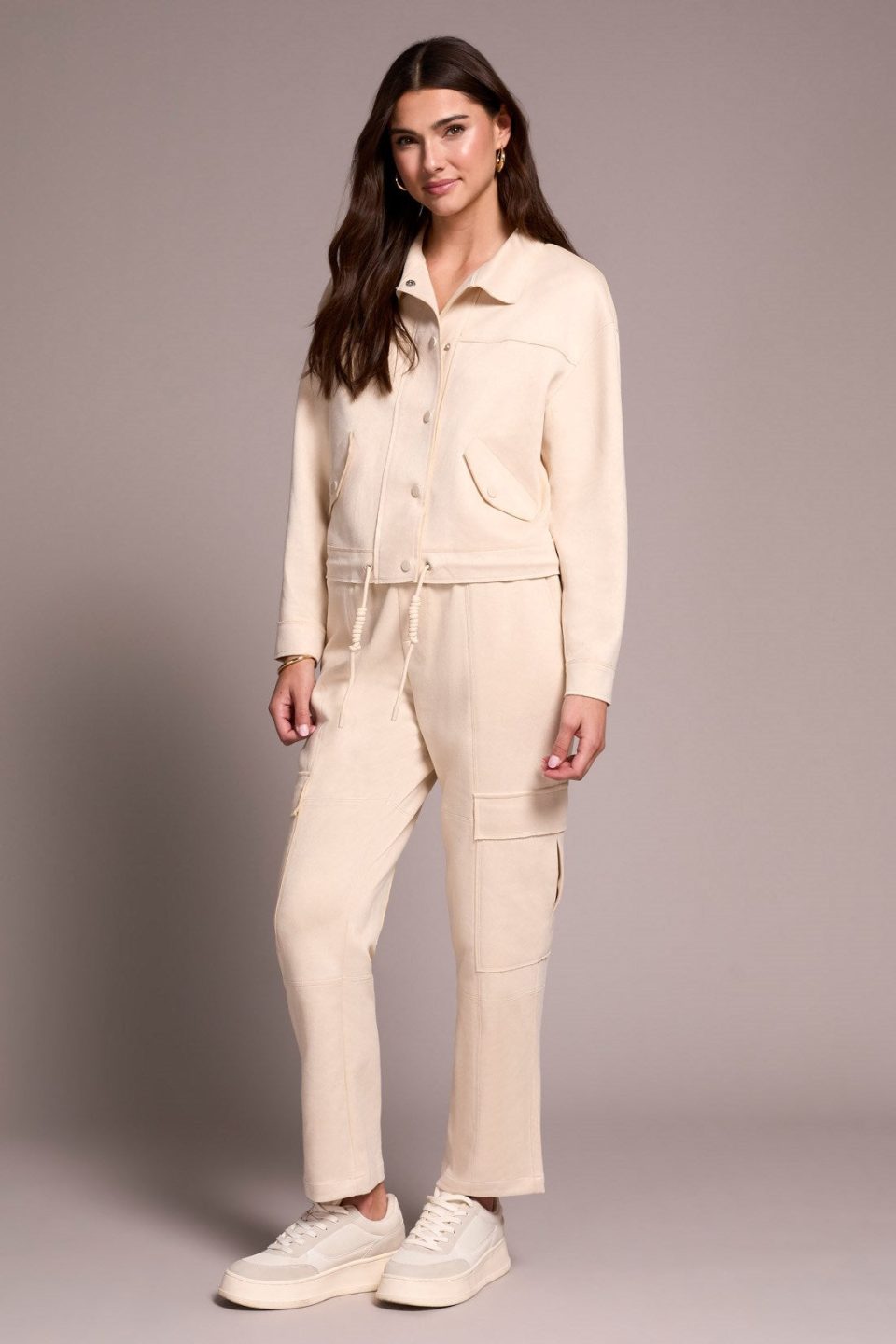 Faux Suede High-Collar Drop-Shoulder Jacket-Cream