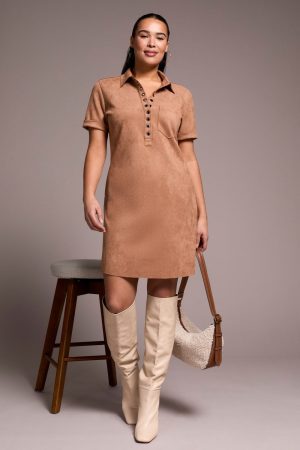 Faux Suede Short-Sleeve Polo Dress With Pockets-Almondlatte