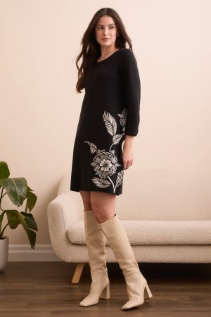 Floral Double Knit Boat Neck Sweater Dress-Black