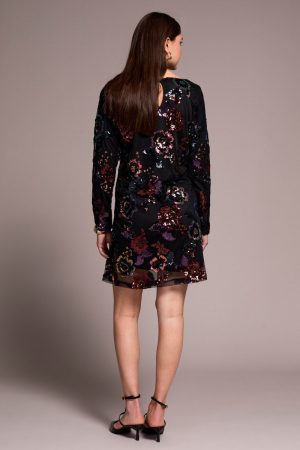 Floral Sequin Mesh Lined A-Line Dress-Blackmulti