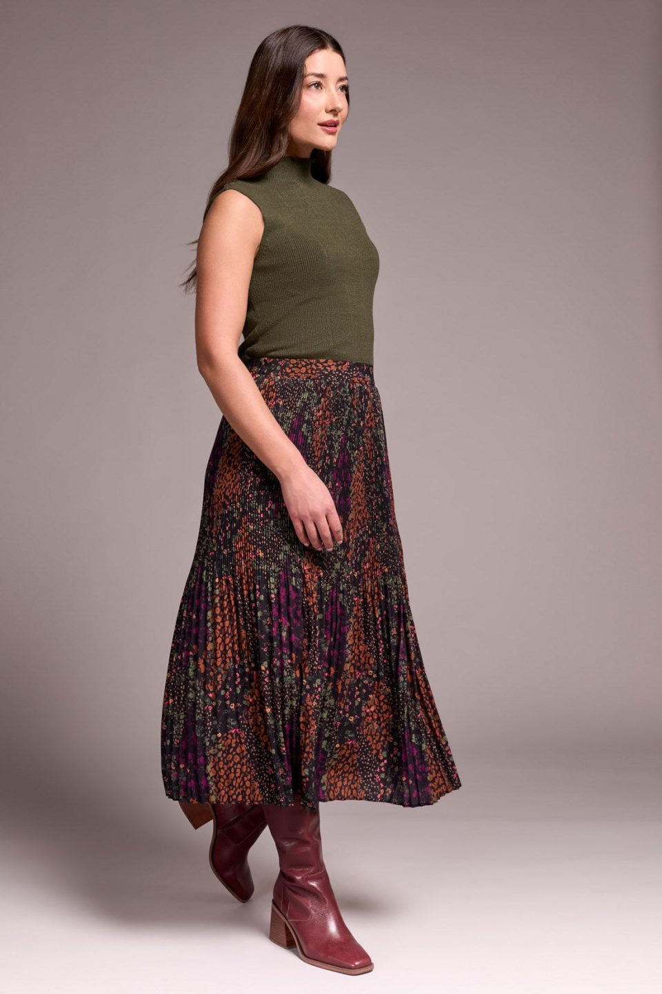 Flowy Plisse Printed Skirt-Plumwine