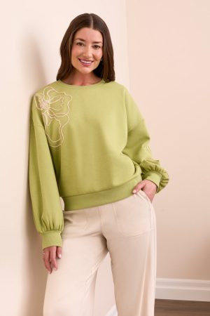 French Terry Embroidered Drop Shoulder Crew Neck Top-Wasabi