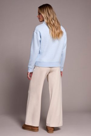 French Terry Stitch-Accent Zip Funnel Neck Sweater-Chambray