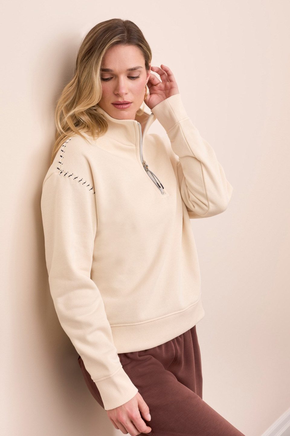 French Terry Stitch-Accent Zip Funnel Neck Sweater-Moonstone