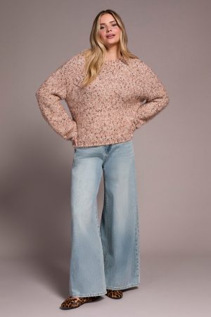 Fuzzy Eyelash Drop Shoudler Puff Sleeve Sweater-M almond latte