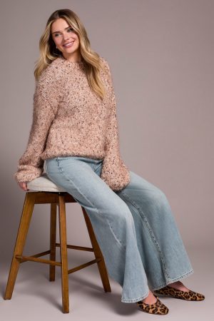Fuzzy Eyelash Drop Shoudler Puff Sleeve Sweater-M almond latte