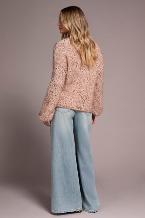 Fuzzy Eyelash Drop Shoudler Puff Sleeve Sweater-M almond latte