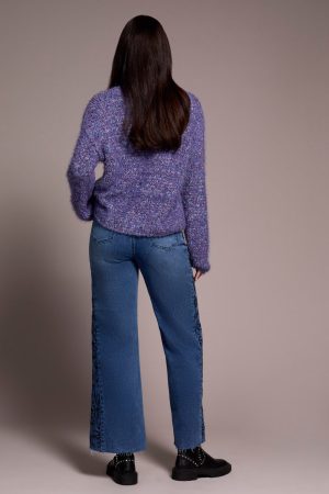 Fuzzy Eyelash Drop Shoudler Puff Sleeve Sweater-M blueviolet
