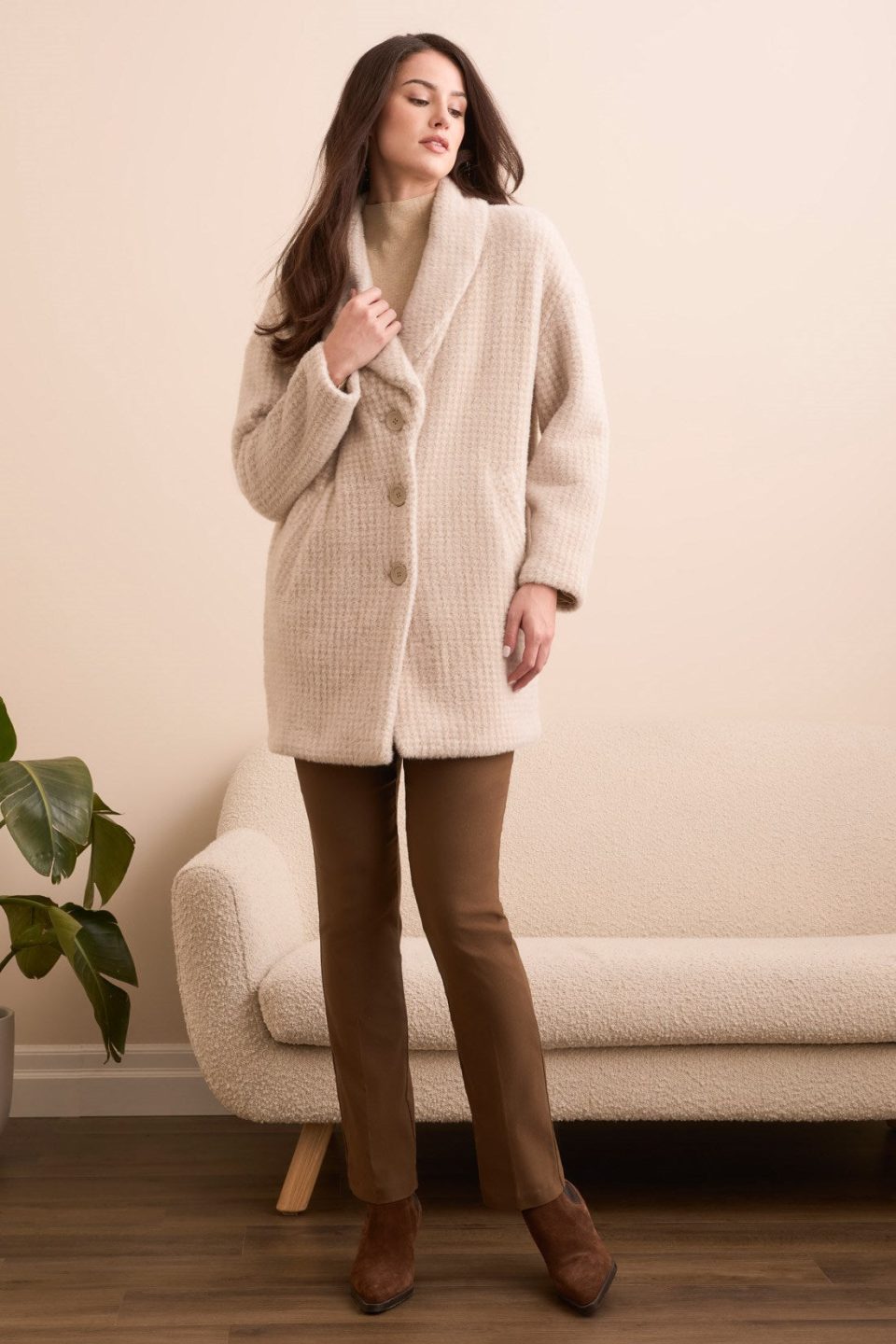 Fuzzy Houndstooth Button-Front Shawl Knit Coat-Sandstone