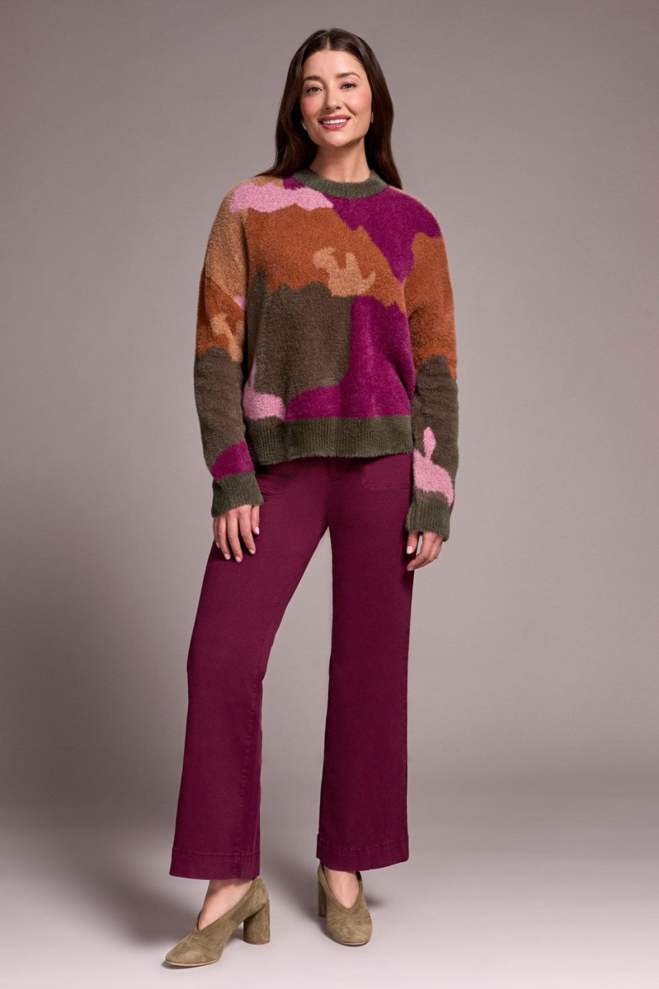 Fuzzy Intarsia Crew Neck Sweater-M gingerspice