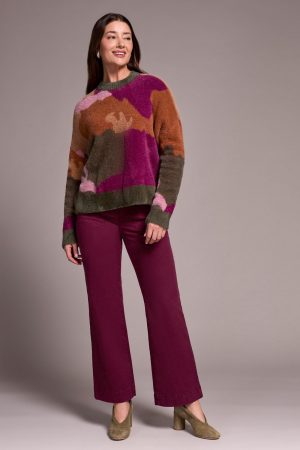 Fuzzy Intarsia Crew Neck Sweater-M gingerspice