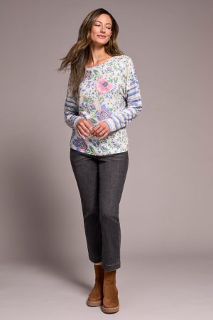 Fuzzy Soft Crew Neck Combo Print Knit Top-Cherrypink
