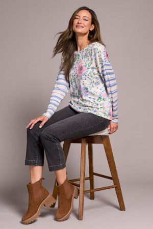 Fuzzy Soft Crew Neck Combo Print Knit Top-Cherrypink