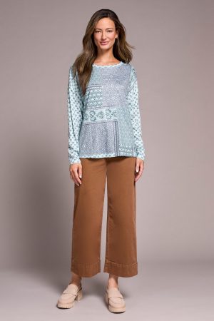 Fuzzy Soft Crew Neck Combo Print Knit Top-Pastelteal