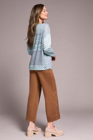Fuzzy Soft Crew Neck Combo Print Knit Top-Pastelteal