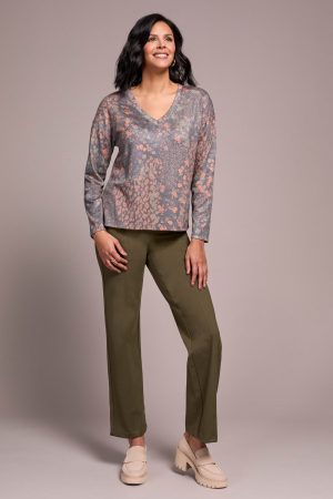 Fuzzy Soft V-Neck Combo Print Knit Top-Turmeric