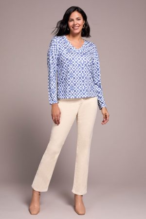 Fuzzy Soft V-Neck Combo Print Knit Top-Ultrablue