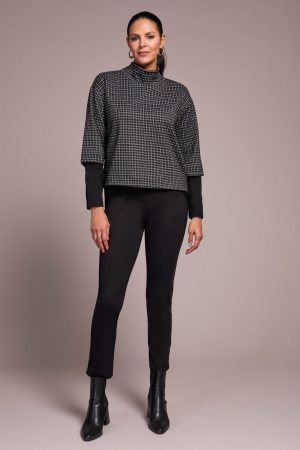 Houndstooth Combo Sleeve Mock Neck Jacquard Top-Charcoal