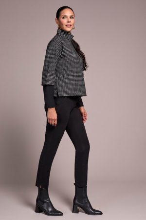 Houndstooth Combo Sleeve Mock Neck Jacquard Top-Charcoal