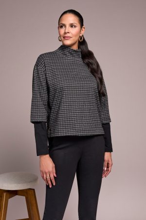Houndstooth Combo Sleeve Mock Neck Jacquard Top-Charcoal