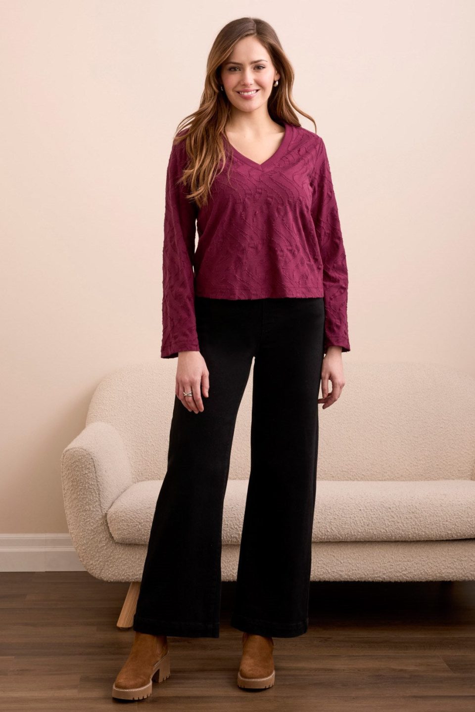 Jacquard Knit Long Sleeve V-Neck Top-Wine