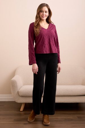Jacquard Knit Long Sleeve V-Neck Top-Wine