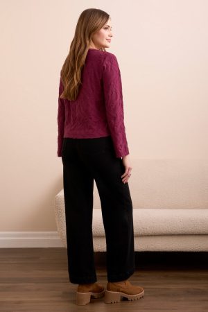 Jacquard Knit Long Sleeve V-Neck Top-Wine