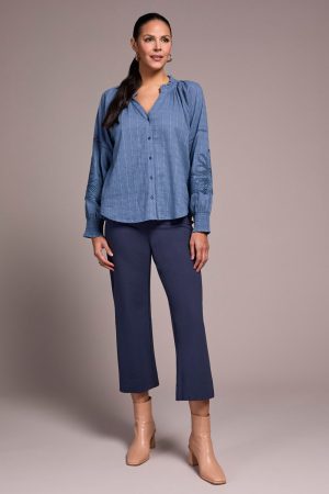 Jaquard Appliqué-Sleeve Notch Neck Blouse-Slateblue