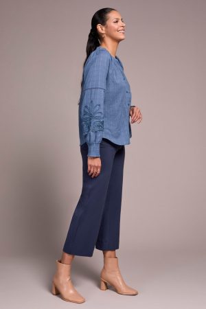 Jaquard Appliqué-Sleeve Notch Neck Blouse-Slateblue