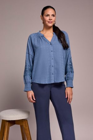 Jaquard Appliqué-Sleeve Notch Neck Blouse-Slateblue